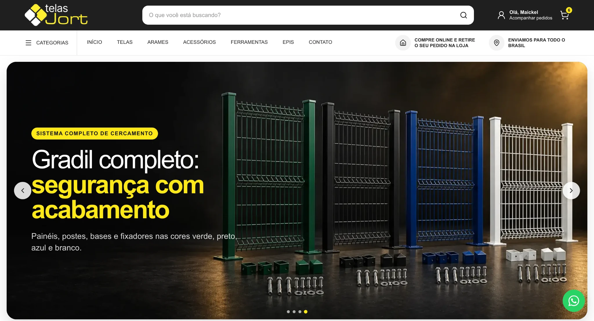 Site real Telas Jort: cabeçalho preto com busca, categorias e banner Gradil completo — segurança com acabamento