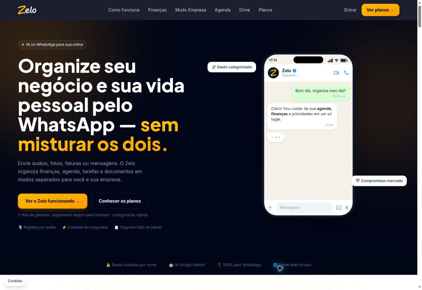 Landing page real da Zelo Gestão Inteligente: apresentação da gestão pelo WhatsApp, demonstração no celular e chamadas em amarelo